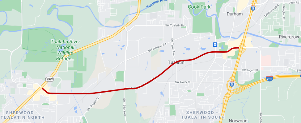 Map of the study corridor; a stretch of Tualatin-Sherwood road from OR 99W to SW Nyberg Street.
