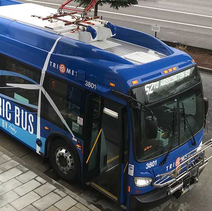 A blue electric bus from Portland's TriMet system sits parked along a curb.