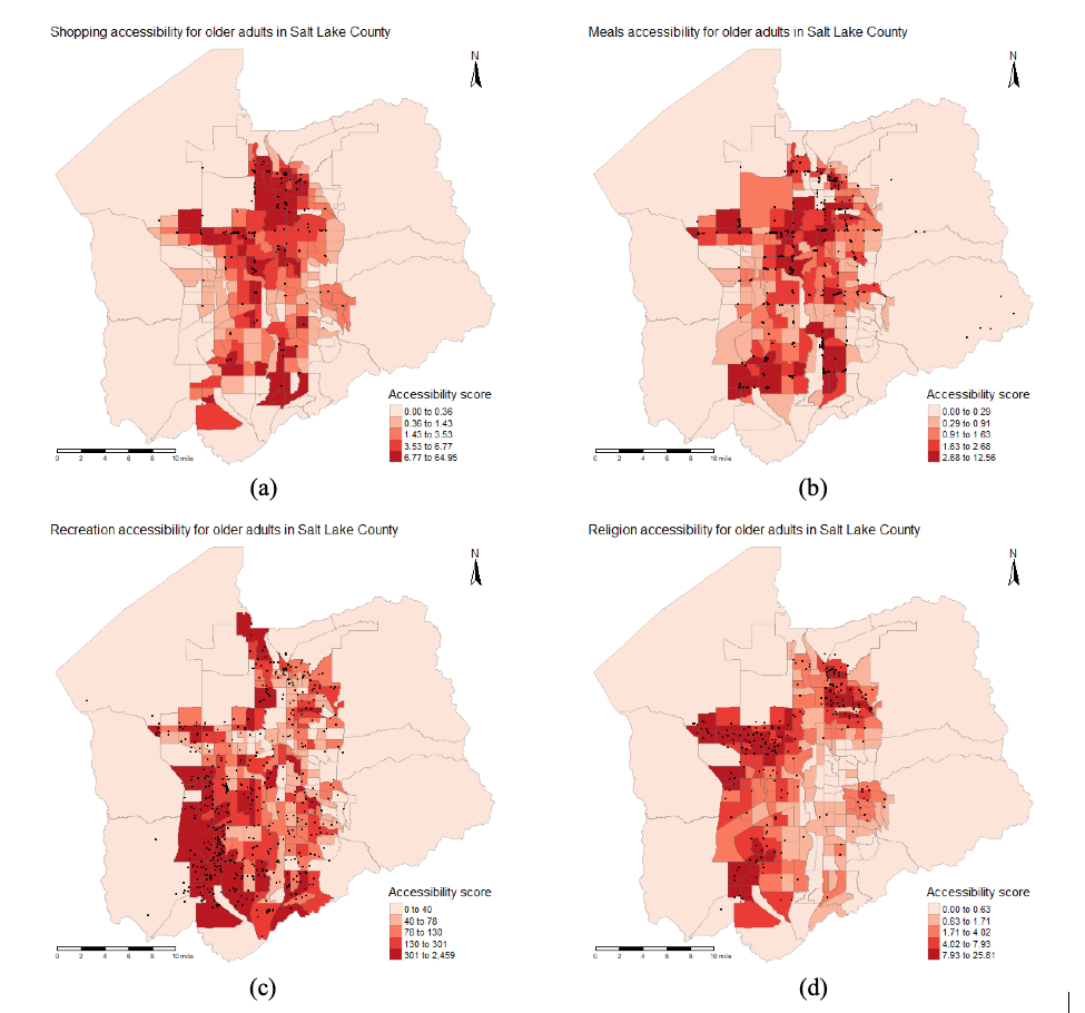 The distribution of (a) shopping, (b) meals, (c) recreation, and (d) religion accessibility for older adults