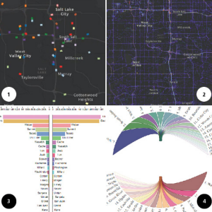 An image displays four different data visualization examples of transportation trajectory data.