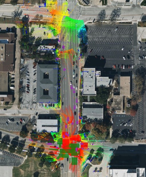  Screenshot of software showing bright-colored paths of movement of various objects (cars, trucks, pedestrian, etc) moving through a signalized intersection.