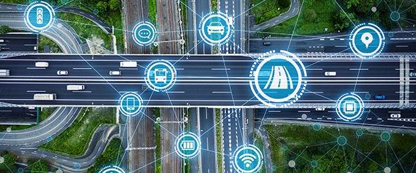 Connected Vehicles Illustration showing icons of wifi over a road