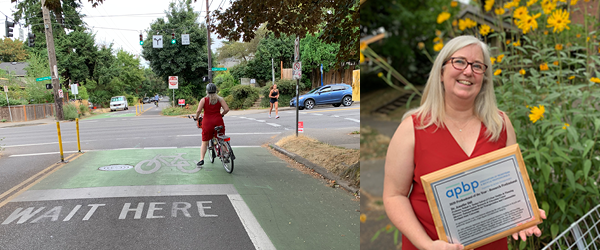 Left: A view from behind of Jennifer Dill biking down a bike boulevard. Right: Jennifer Dill, wearing glasses and a red dress, stands in front of a patch of yellow flowers holding her APBP award plaque.