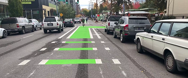An intersection with a bike lane going through it