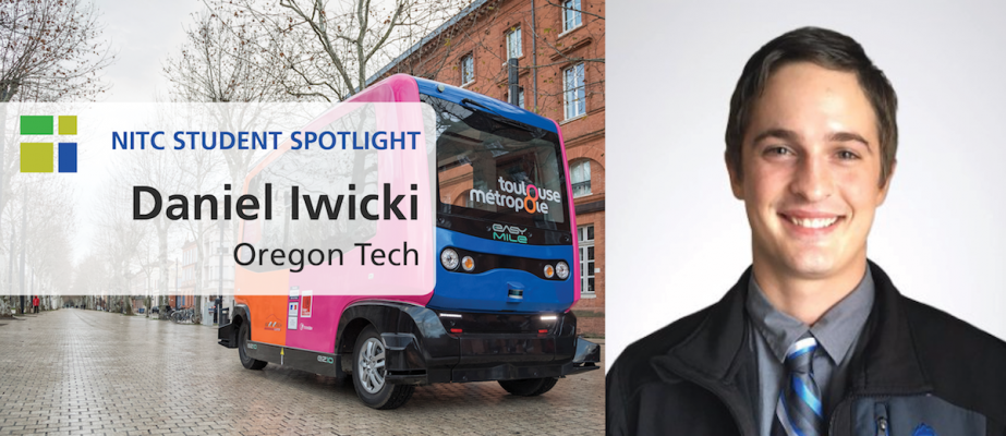 Student Spotlight Banner, Daniel Iwicki next to an automated bus