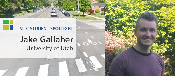 Jake Gallaher, alongside a photo of a bike lane at an intersection in Salt Lake City, Utah. Text reads, "Student Spotlight: Jake Gallaher, University of Utah."