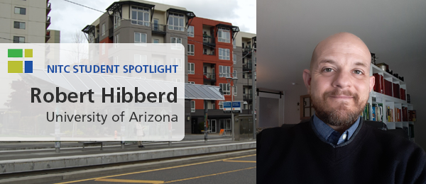 Robert Hibberd (headshot) alongside a photo of affordable housing near a transit station