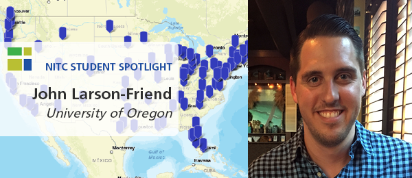 Left image: Screenshot of USA map showing locations of transit agencies. Right image: Headshot of John Larson-Friend in a checked shirt. Text reads "Student Spotlight: John Larson-Friend, University of Oregon."