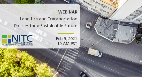 Aerial view of urban city road with cars on the road and crosswalk. Text reads: Webinar: Land Use and Transportation Policies for a Sustainable Future.