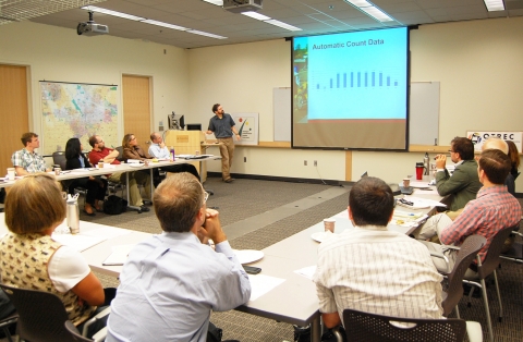 Matt Berkow of Alta Planning & Design presents on the National Bicycle and Pedestrian Documentation Project at an OTREC conference Sept. 15 at Portland State University.