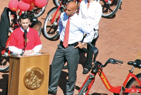 Former D.C. Department of Transportation Director Gabe Klein speaks at the lauch of the Capital Bikeshare program, which allows users to rent bicycles at one point and return them at another.